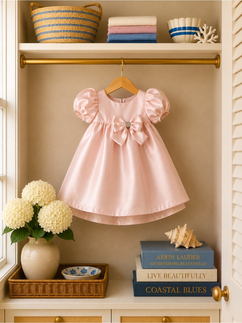 iris & ivy Pink Satin Puff Sleeve Bow Formal Dress like new